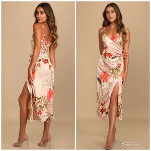 Lulu's Pink Floral Midi Slip Dress with Orange Floral Accents NWOT